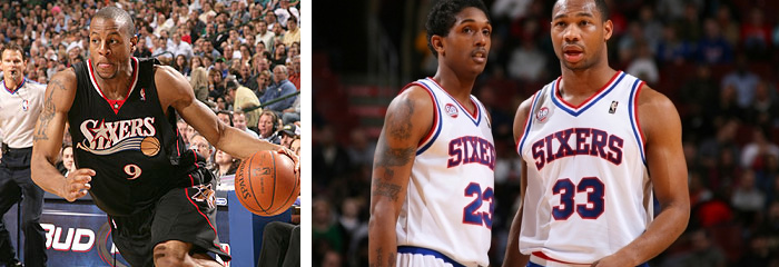 Old Sixers alternate logo and uniform (left), vintage uniform (right)