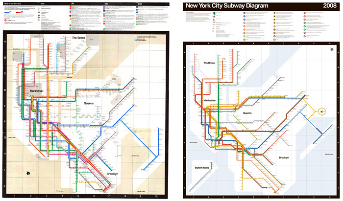 Vignelli’s original 1972 map (left) and updated version for Men’s Vogue (2008)