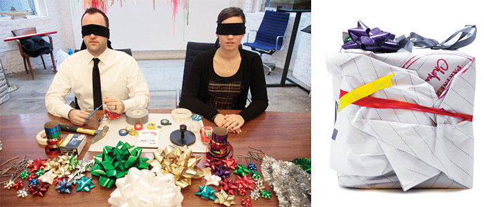 Justin & Christine Gignac wrap gifts blindfolded for charity at Partners & Spade