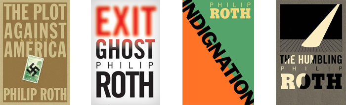 Books designed by Glaser for Philip Roth: The Plot Against America (2004), Exit Ghost (2007), Indignation (2008), The Humbling (2009)