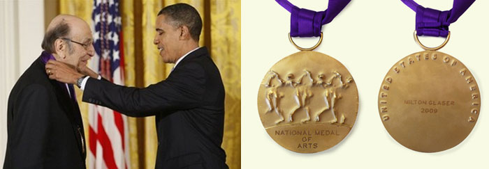 President Obama presents Glaser with the National Medal of Arts (left), the award (right)