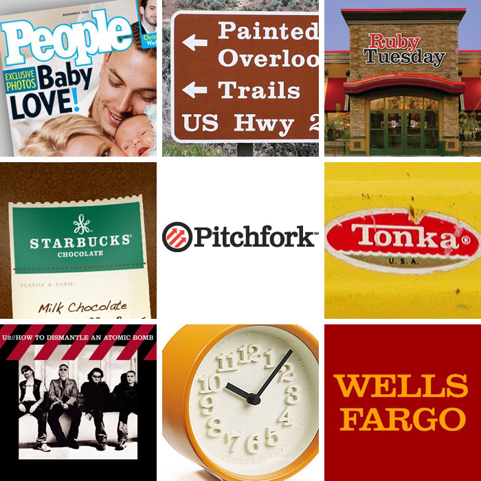 Clarendon in use: People magazine logo, US National Parks signage, Ruby Tuesday logo, Starbucks Chocolate logo, Pitchfork logo, Tonka logo, U2 album cover, Riki Watanabe clock, Wells Fargo logo