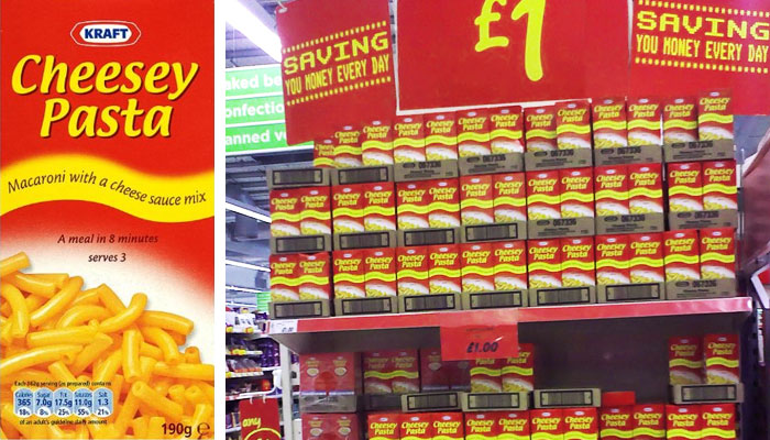 Kraft Cheesey Pasta (left); Cheesey Pasta at a grocery store in Edinburgh, Scotland (Photo: internationaltag.blogspot.com)