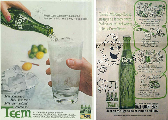 Advertisements introducing Pepsi’s Teem soft drink: 1962 (Source: gono.com) and 1963 (Source: theimaginaryworld.com)