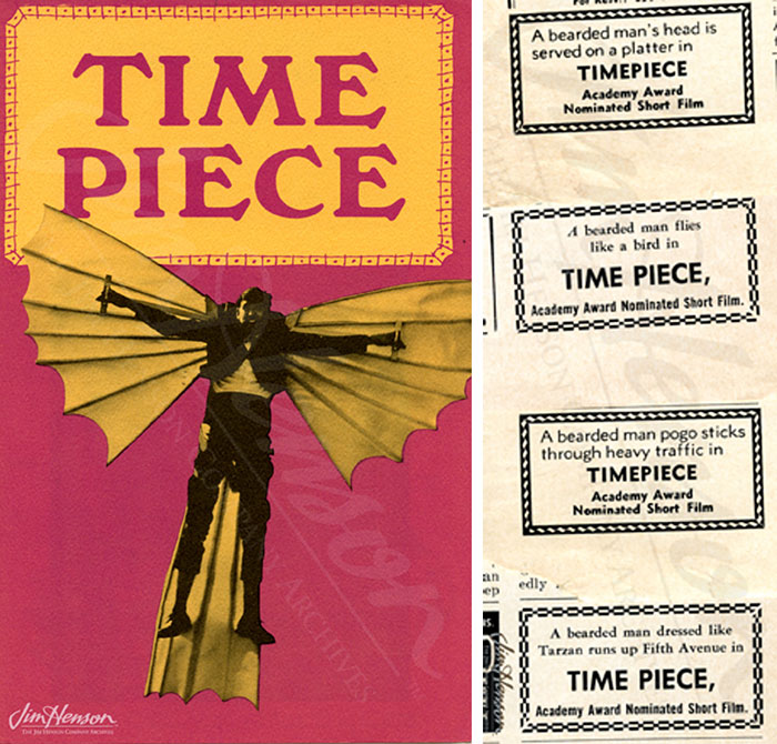 “A bearded man pogo sticks through heavy traffic in Time Piece,” promotional brochure (left) and advertisements from Variety, 1965 (right)