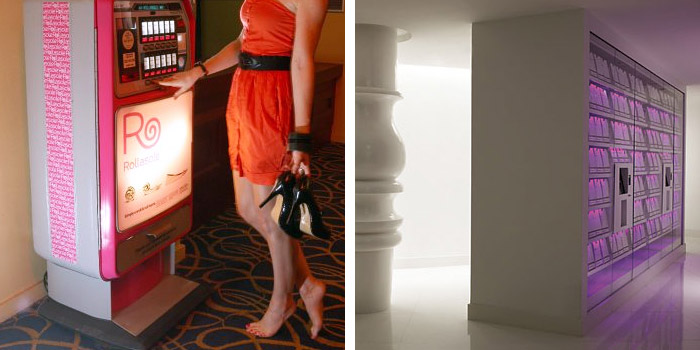 Rollasole machines dispense flat shoes at nightclubs (left); The ‘Semi Automatic’, designed by Ito Partners, serves as an upscale hotel gift shop (right)